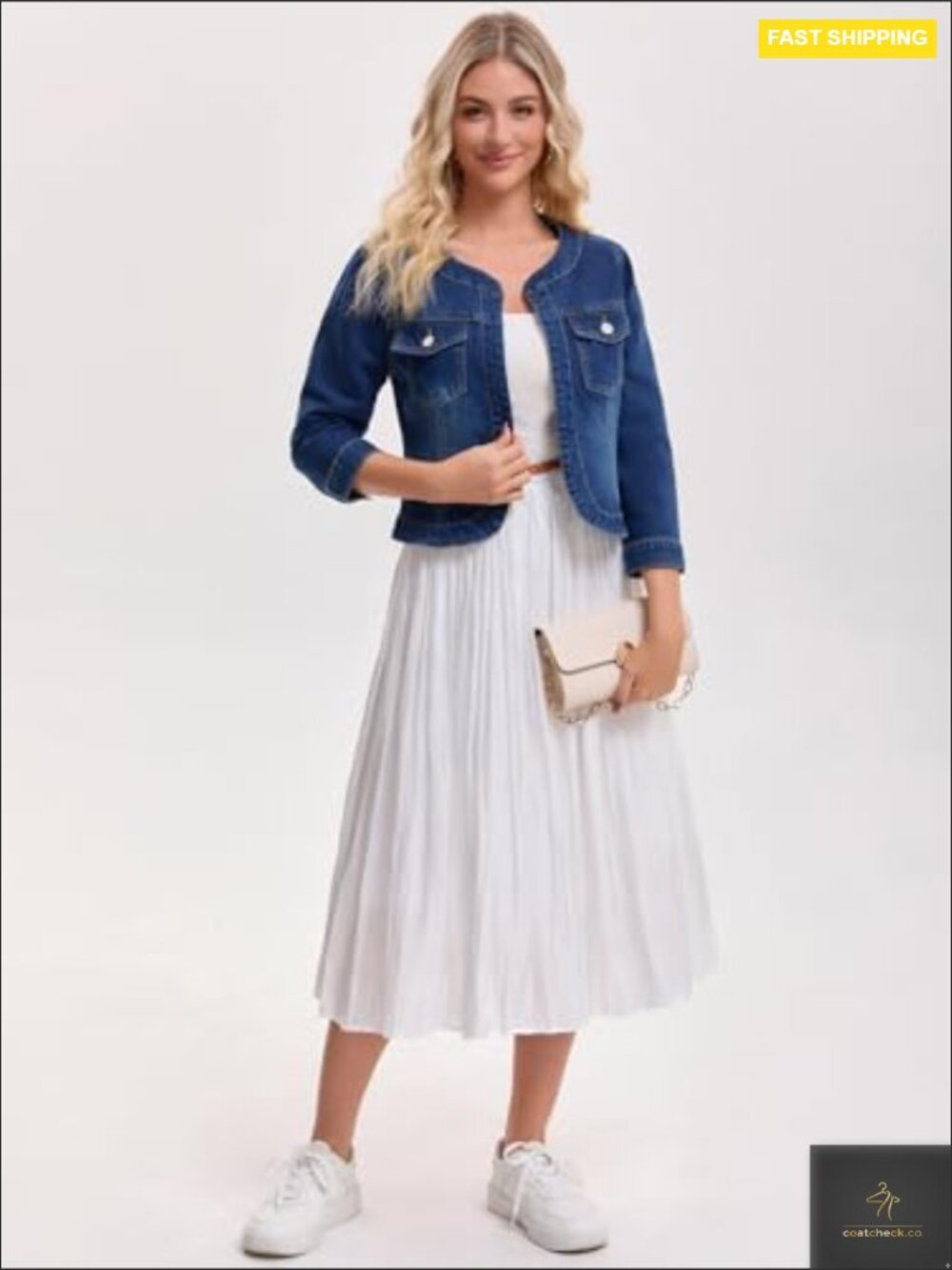 Collarless Denim Jacket Cardigan 3/4 Sleeve Button Front Casual Chic Jean Coat - Picture 6 of 6